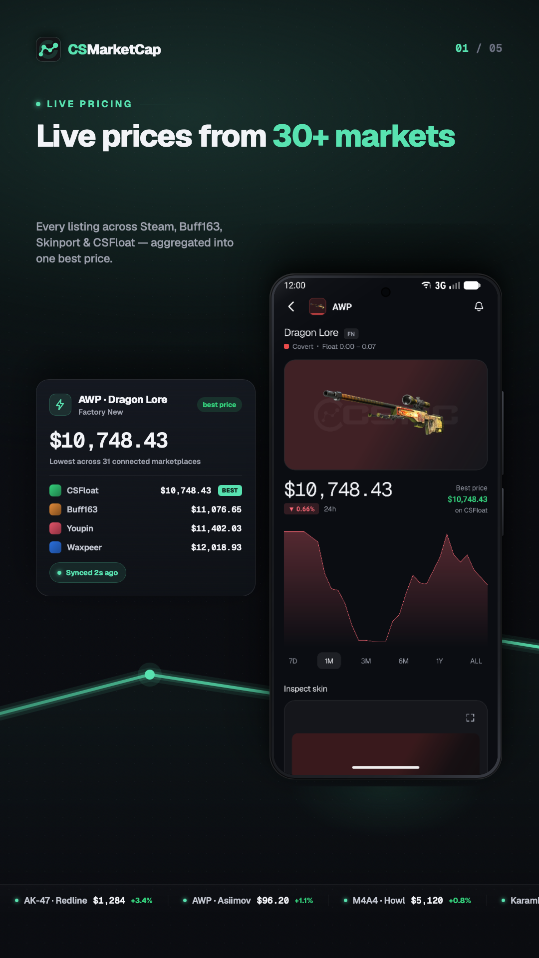 Pantalla de la app CSMarketCap — precios en vivo de 30+ mercados