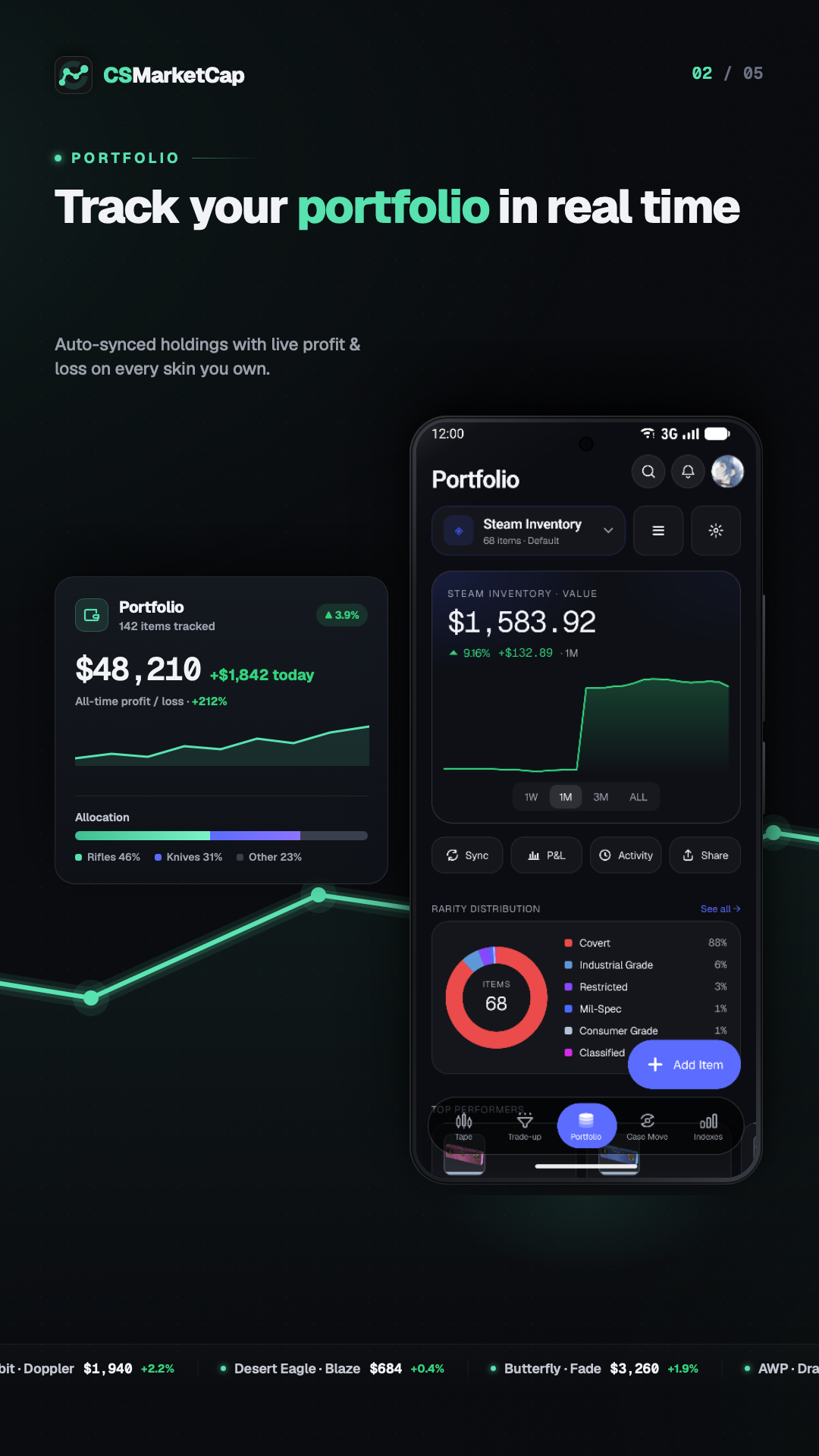 Pantalla de la app CSMarketCap — cartera rastreada en tiempo real