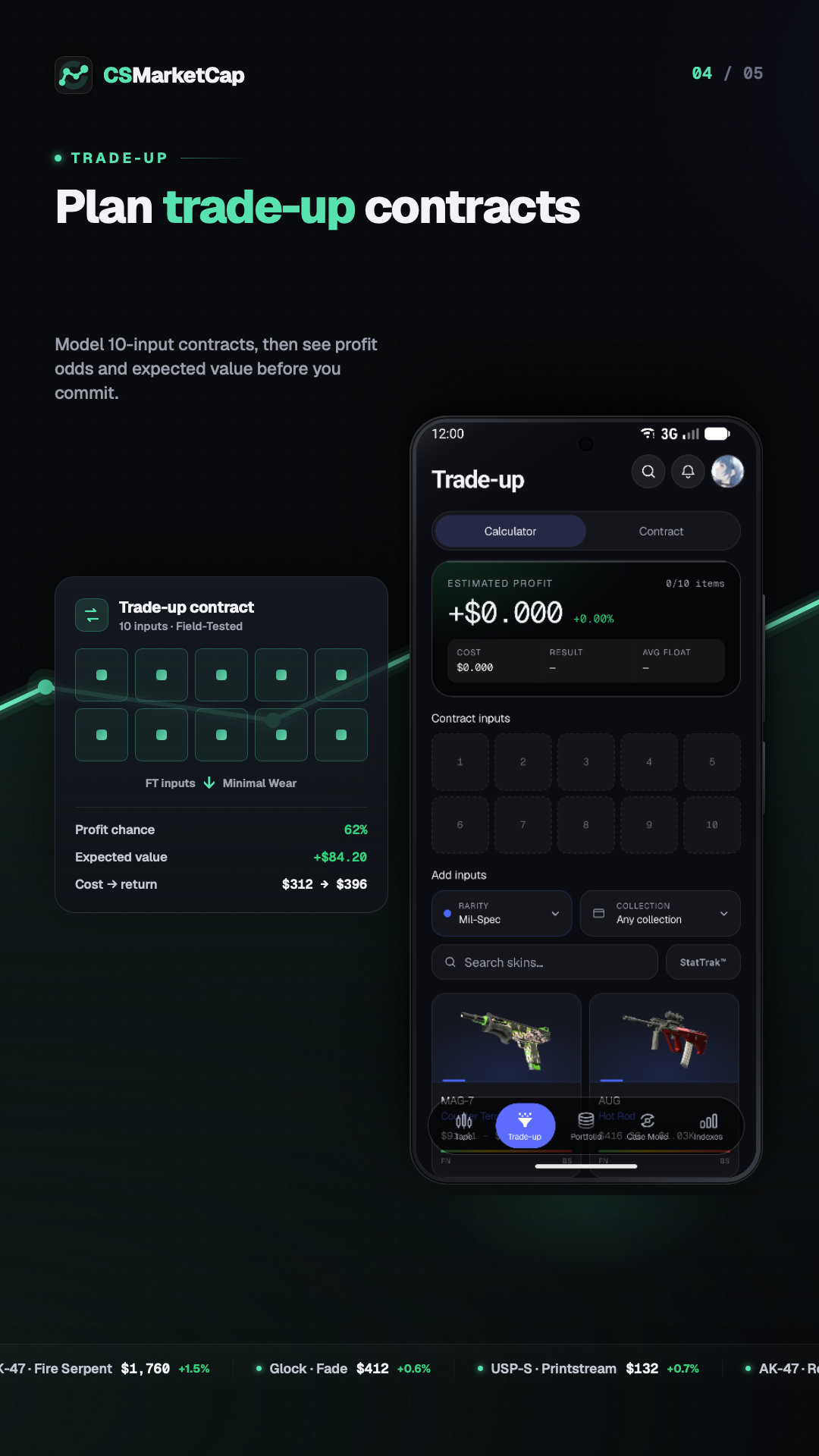 Pantalla de la app CSMarketCap — planificador de contratos trade-up